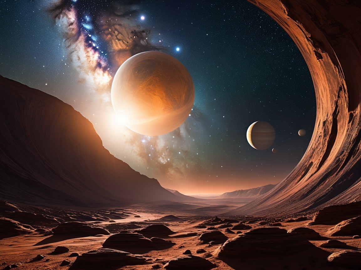 Alien Landscape with Gas Giant and Starry Sky