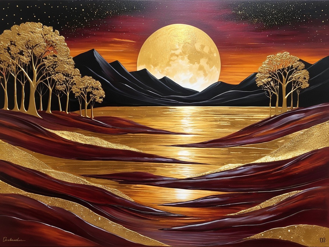Landscape Painting of Sunset Over Mountains and Lake