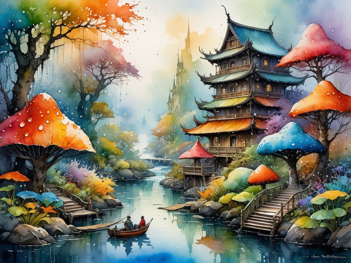 Vibrant Watercolor Landscape with Whimsical Flora