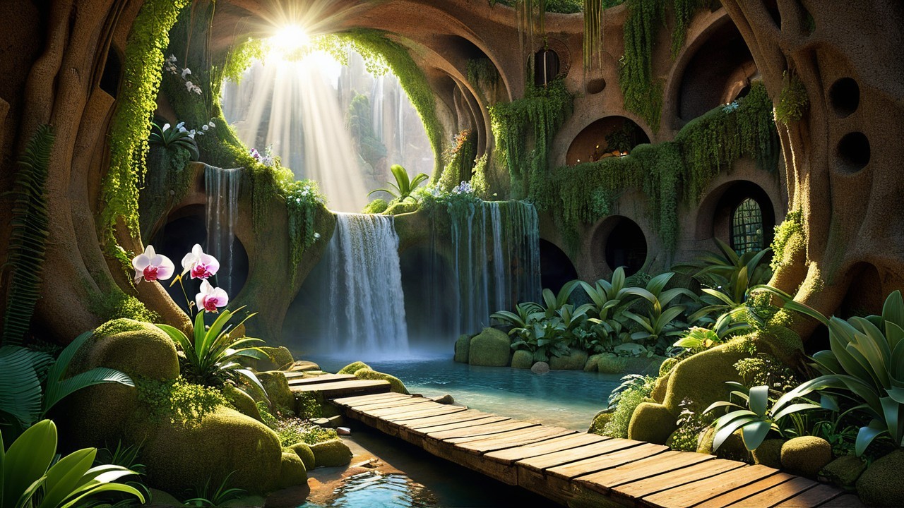 Serene Cavern with Waterfall and Lush Greenery