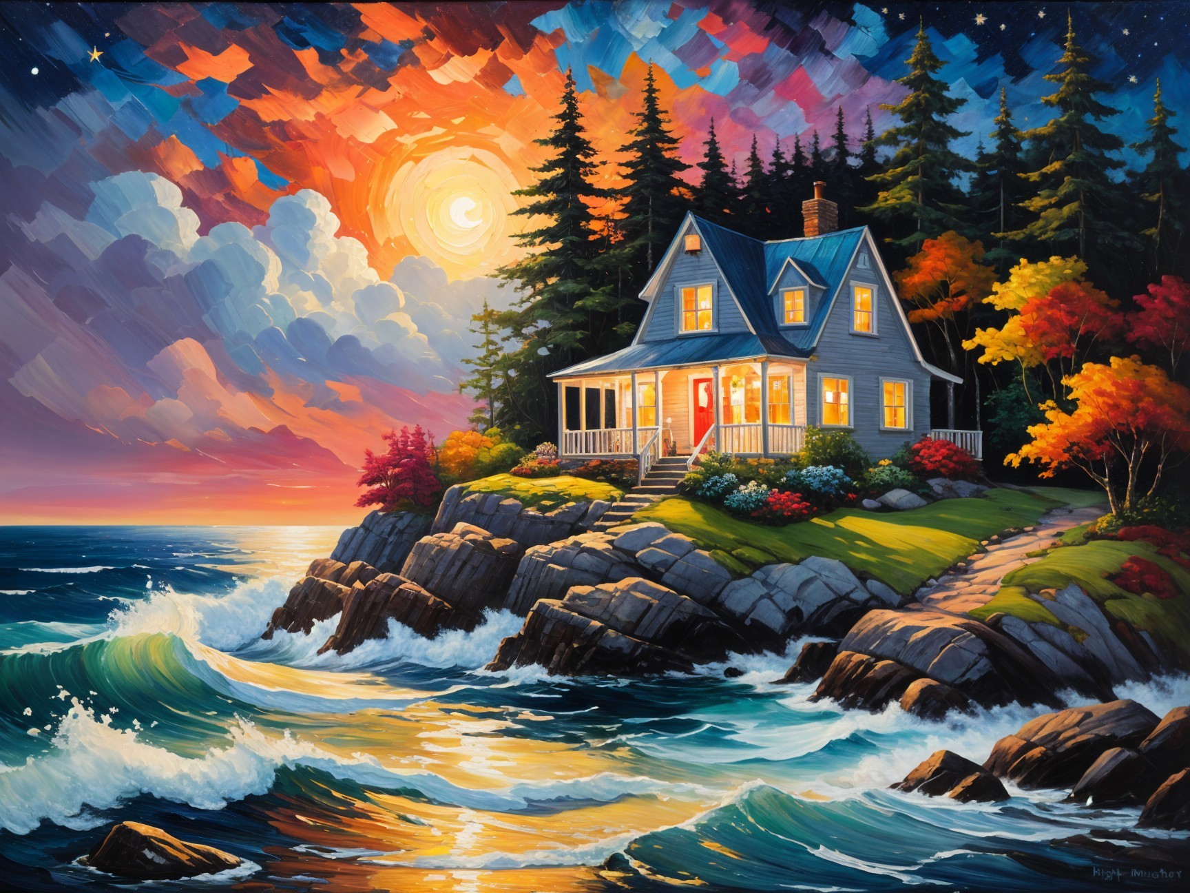 Vibrant Sunset Over Cozy House by Rocky Shore