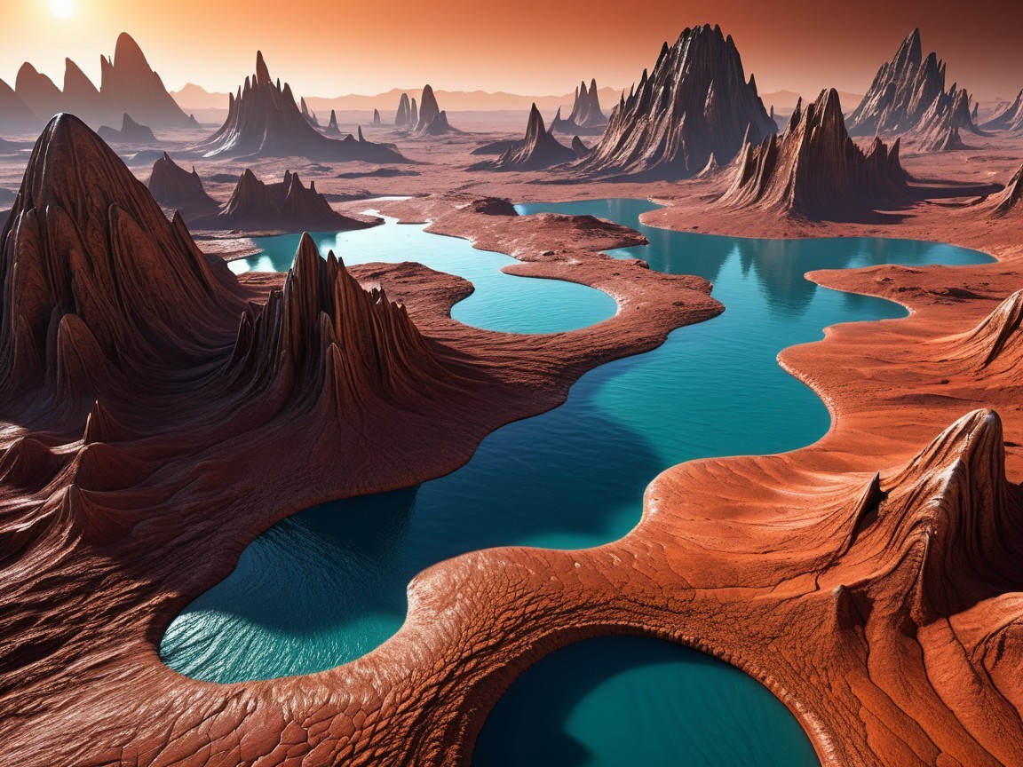 Alien Landscape with Mountains and Turquoise Waters
