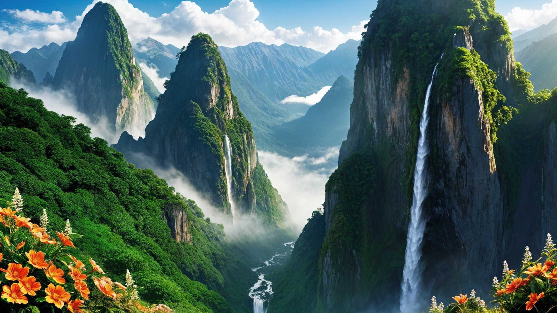 Majestic Mountain Landscape with Waterfalls and Flowers