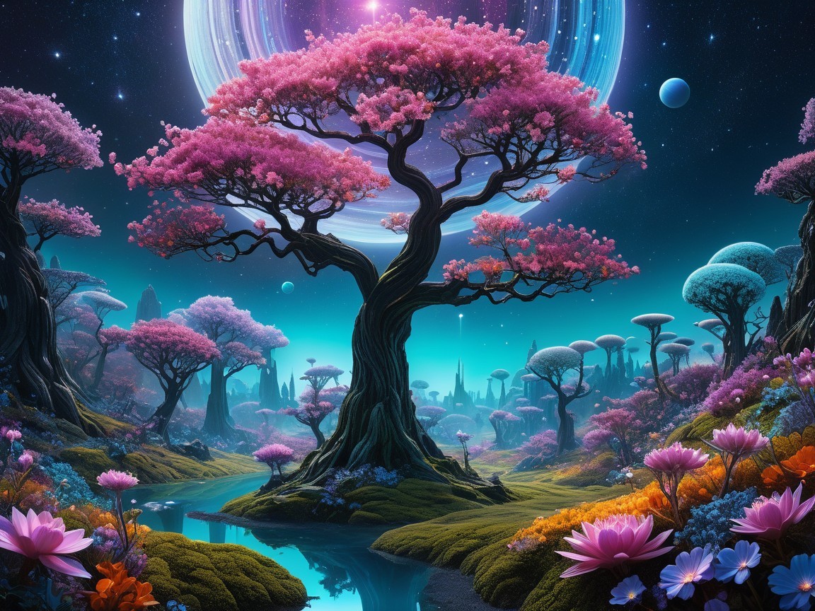 Detailed Digital Painting of an Alien Night Landscape