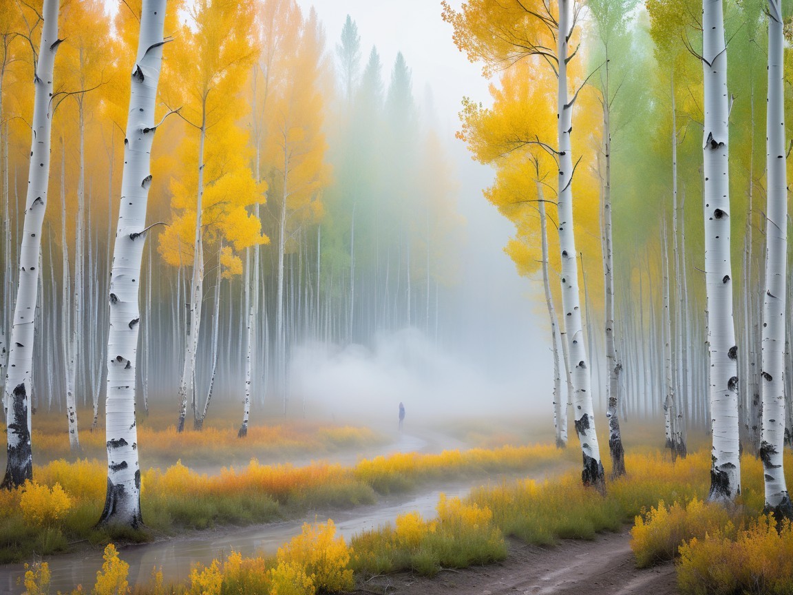 Serene misty forest with birch trees and vibrant foliage