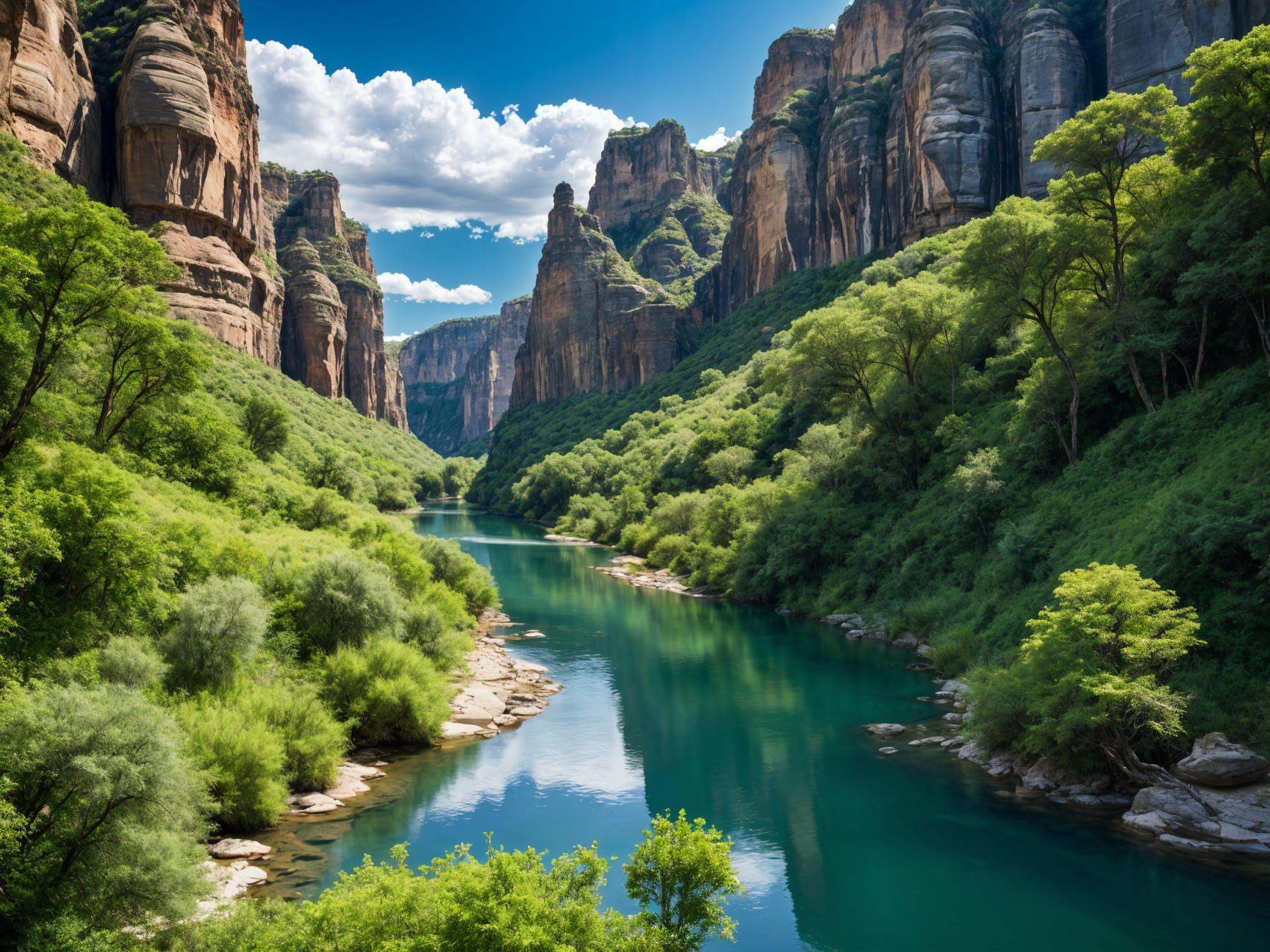 Serene River Flowing Through Lush Green Valleys