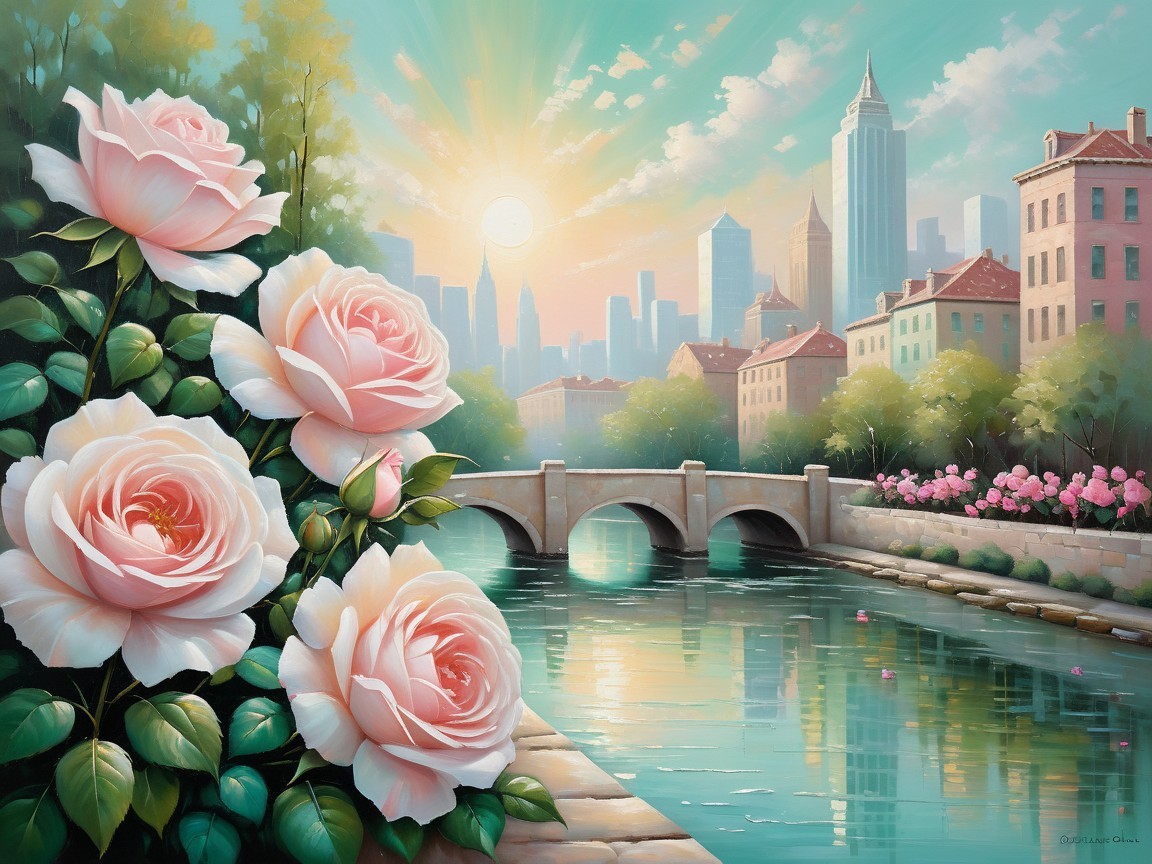 Serene Cityscape with Pastel Colors and Roses