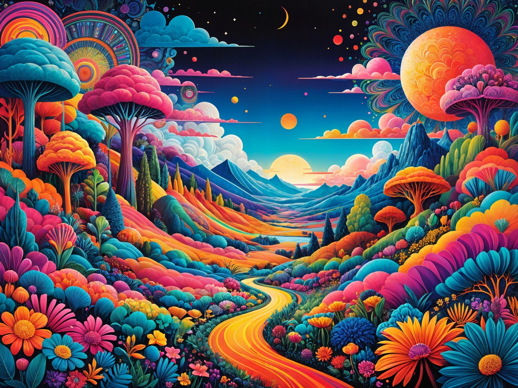 Surreal Landscape with Colorful Mushrooms and Mountains