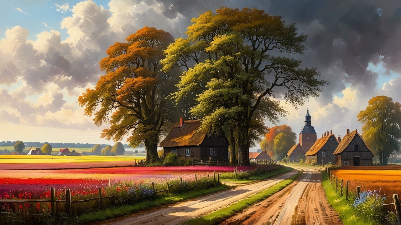 Countryside Scene with Flowers and Thatched Cottages