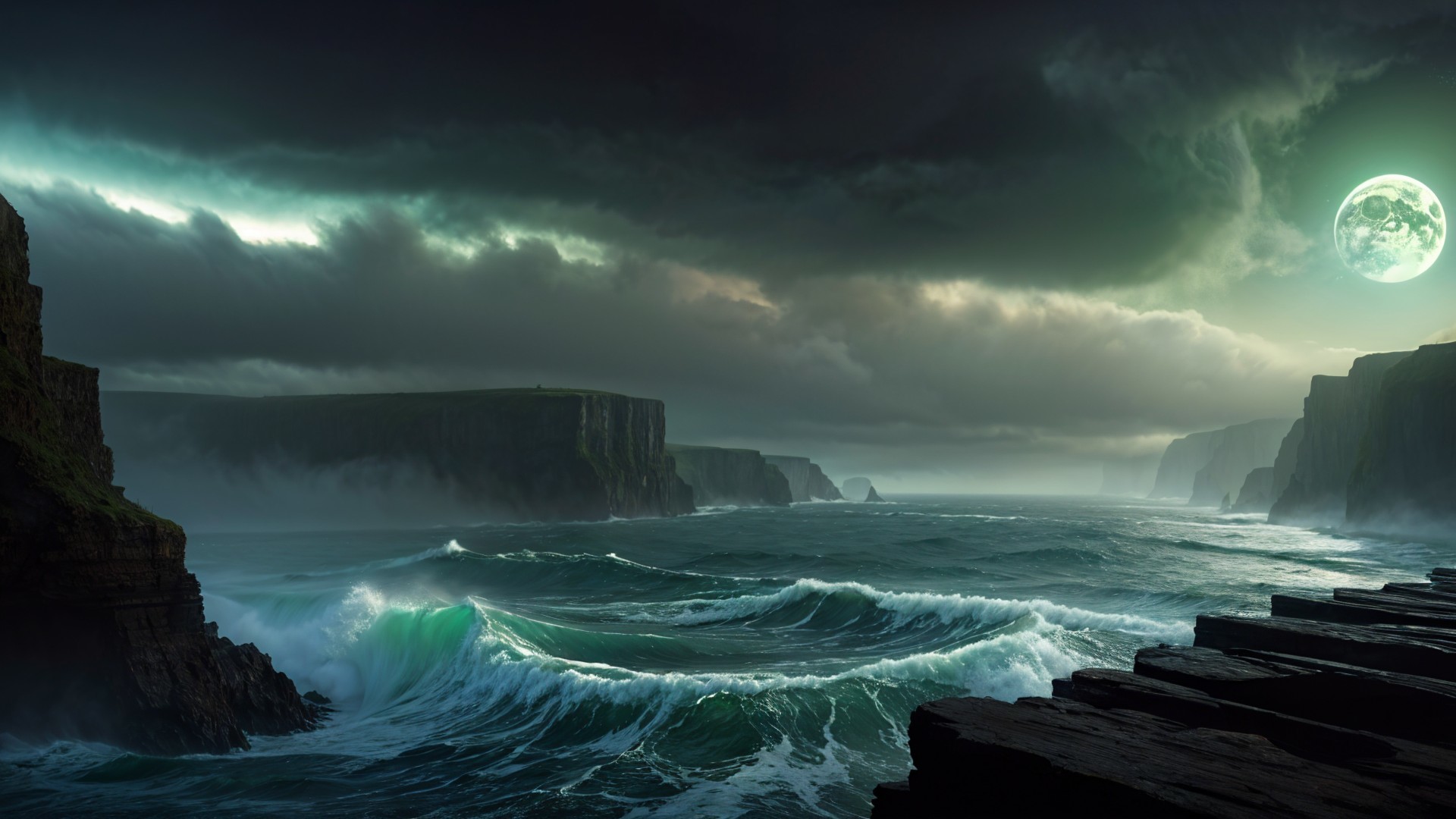 Dramatic Coastal Scene with Stormy Sky and Moonlight
