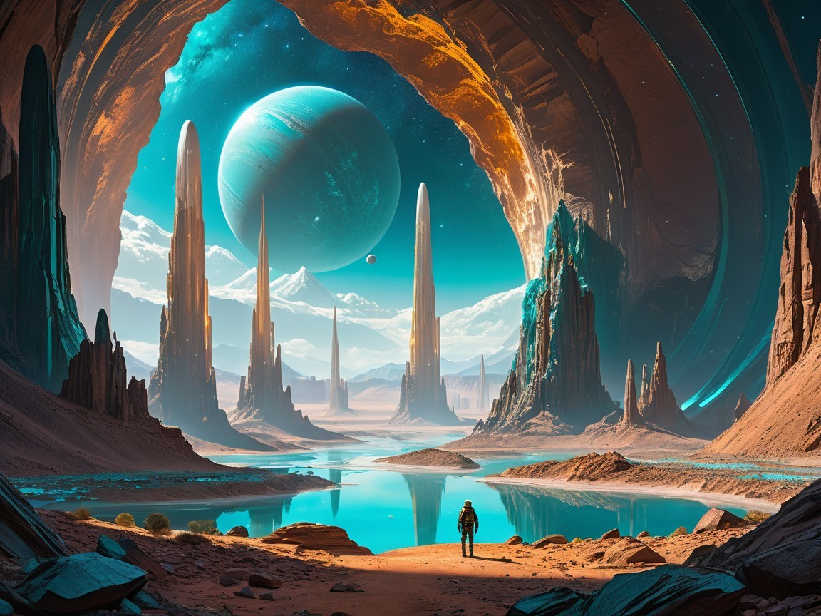 Alien Landscape with Rocky Spires and Colorful Sky