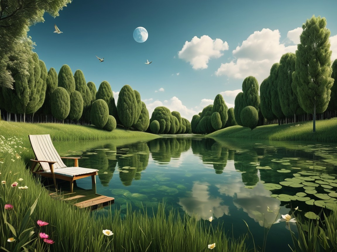 Tranquil Pond Landscape with Lush Greenery and Moonlight