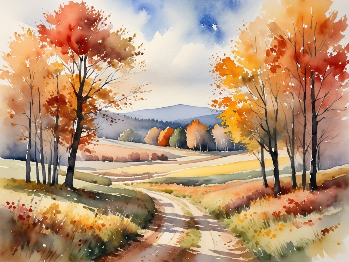 Watercolor Landscape Depicting Autumn Serenity