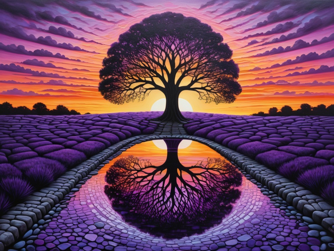 Vibrant Sunset Landscape with Silhouette Tree and Pond