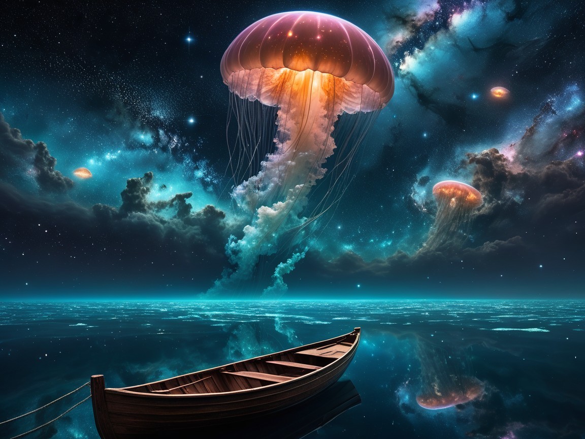 Serene cosmic seascape with glowing jellyfish and stars