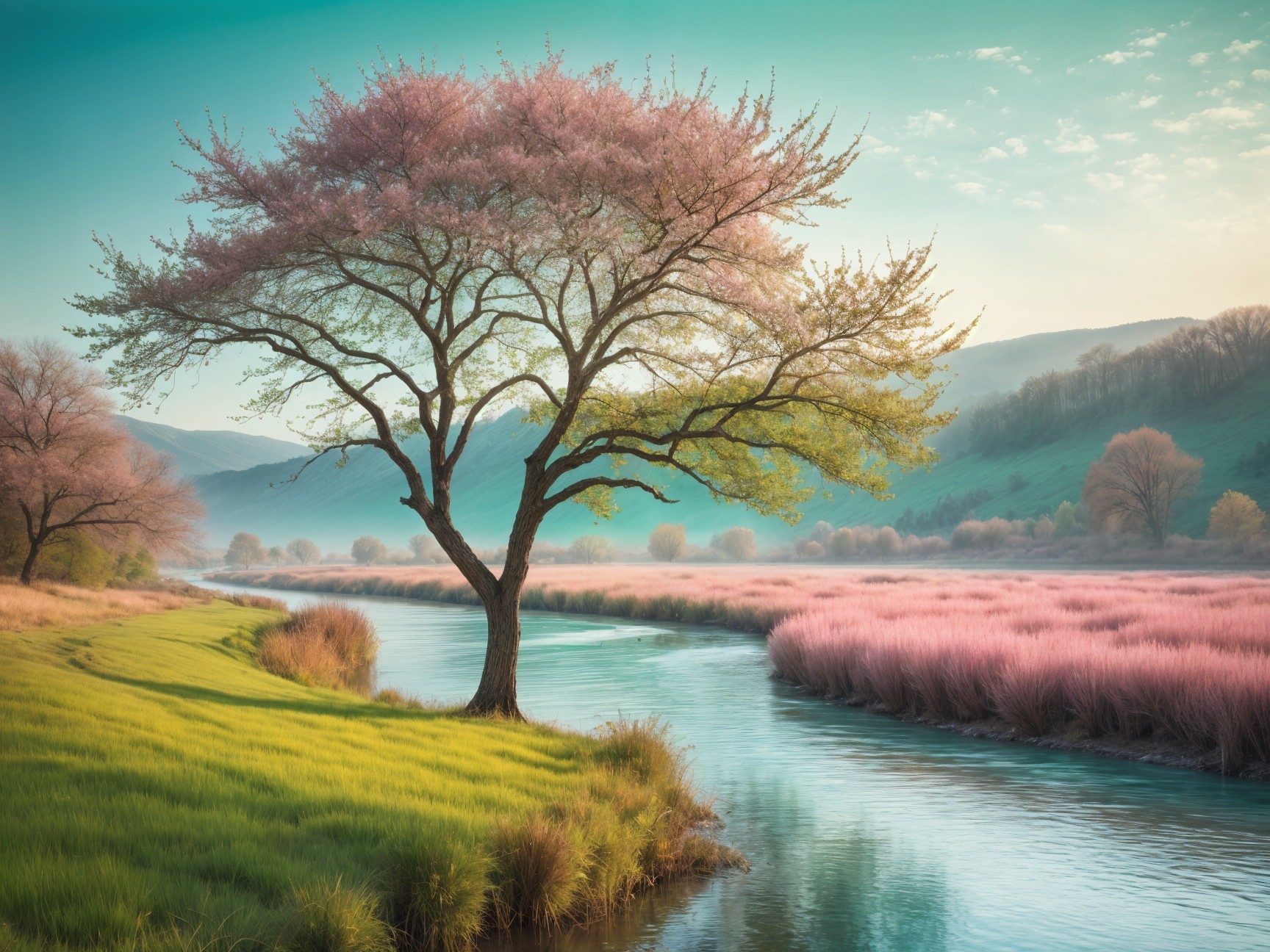 Serene Cherry Blossom Tree by a Flowing River