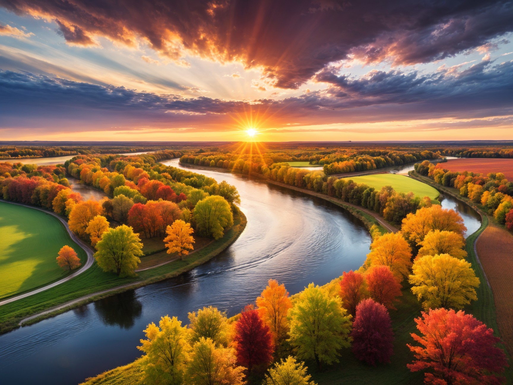 Aerial View of Autumn River Landscape at Sunset