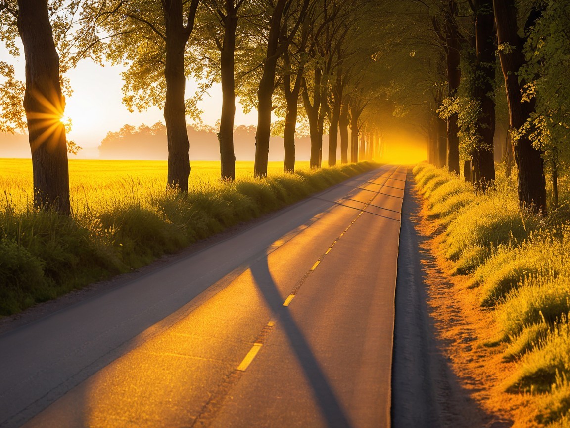 Tranquil Sunrise Road Amidst Luminous Landscape