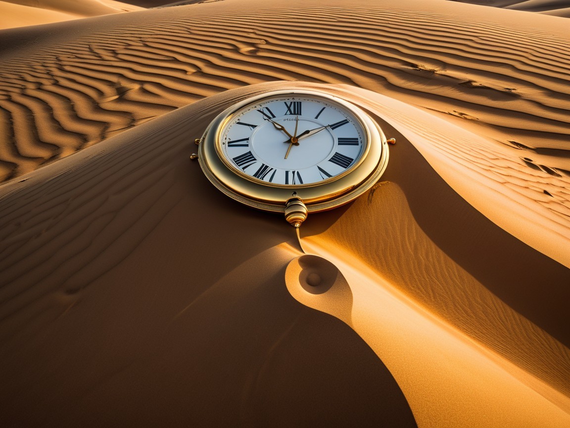 Clock Embedded in Desert Dune on Sunny Day