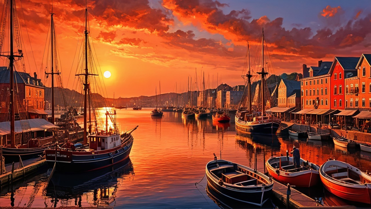 Picturesque Harbor at Sunset with Vibrant Reflections