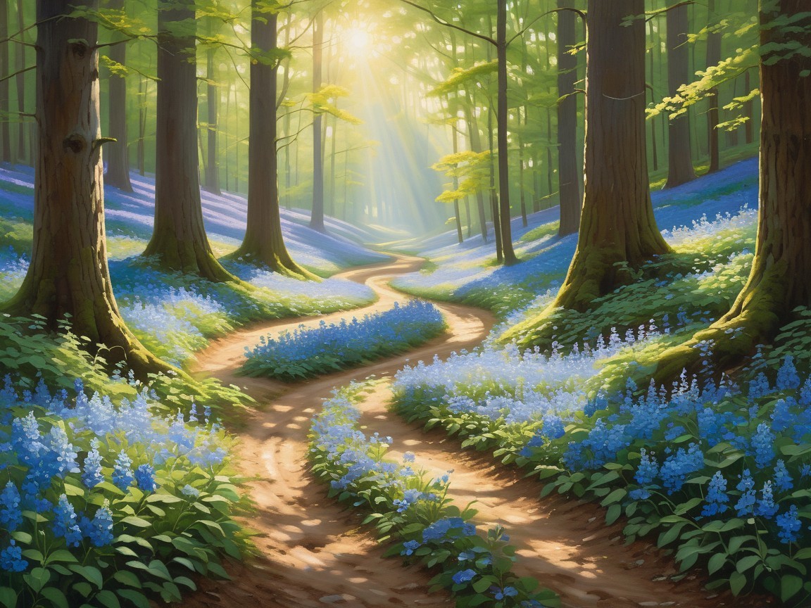 Serene Forest Path Surrounded by Bluebells and Trees