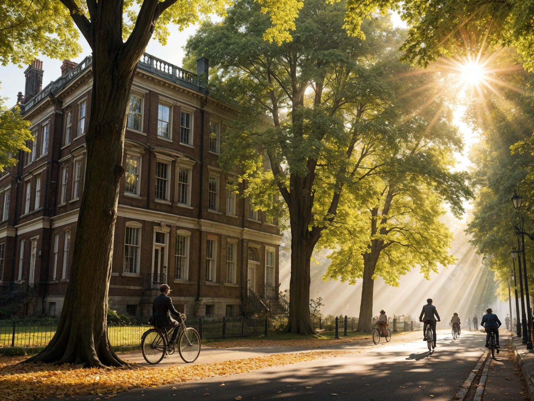 Cyclists on a Sunlit Path by Historic Building