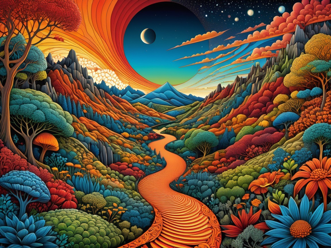 Vibrant landscape with river, colorful trees, and mountains