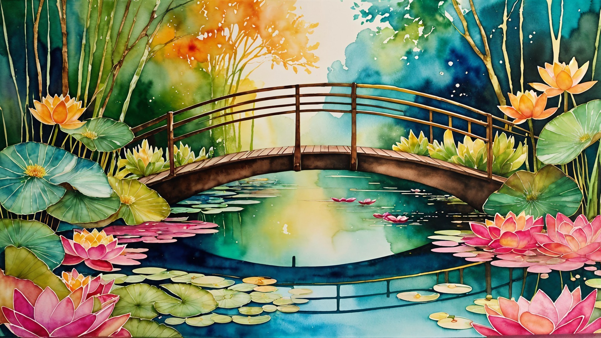 Tranquil Pond with Lotus Flowers and Wooden Bridge