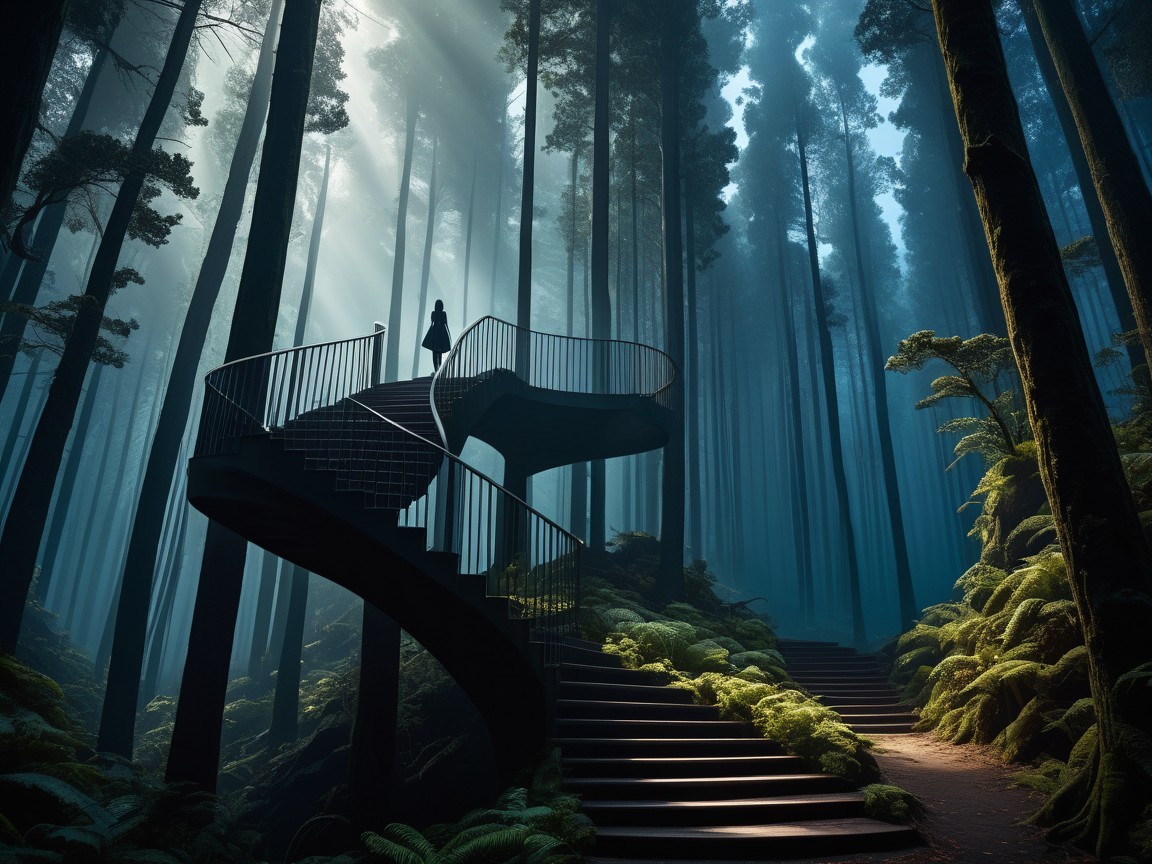 Lone Figure on Spiraling Staircase in Mystical Forest
