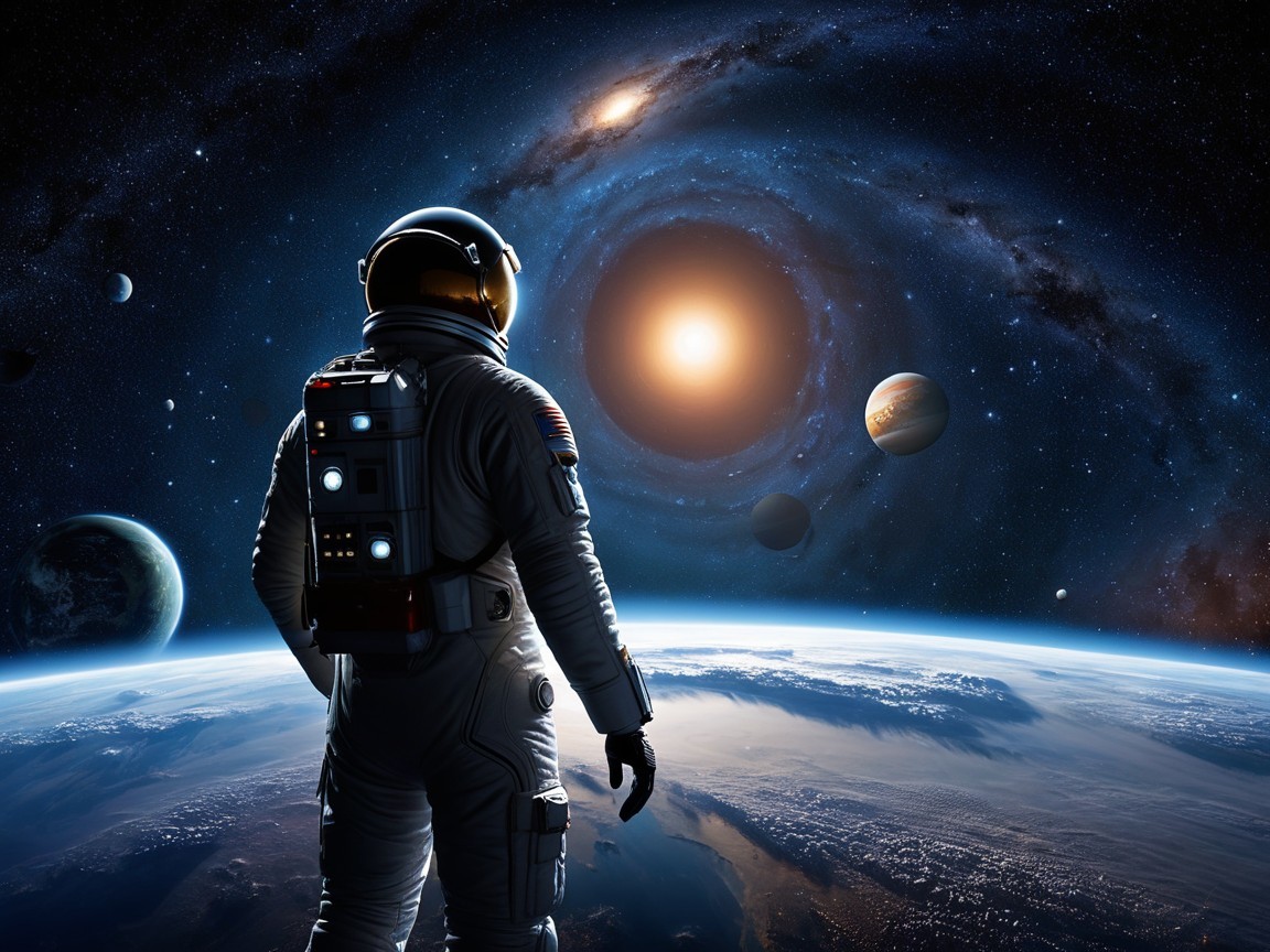Astronaut Observing Galaxies and Stars in Space