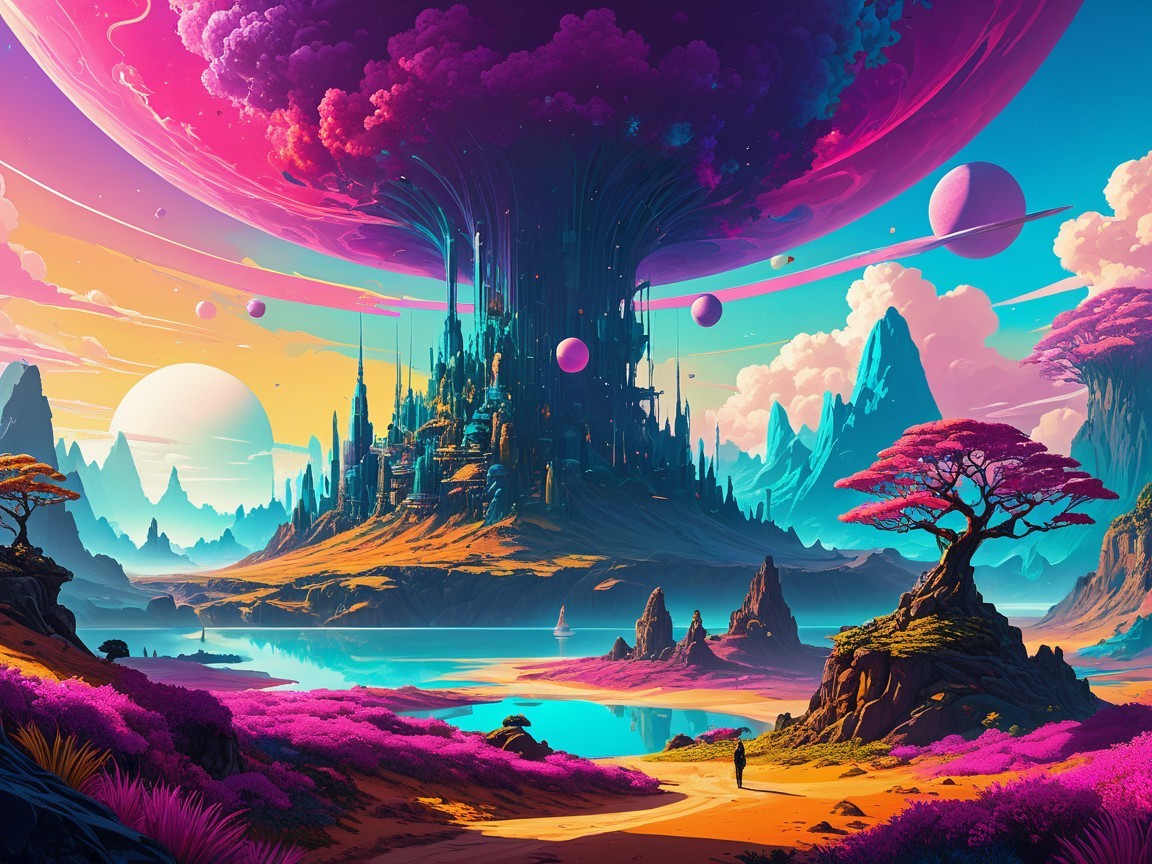 Surreal Landscape with Futuristic Castle and Planets