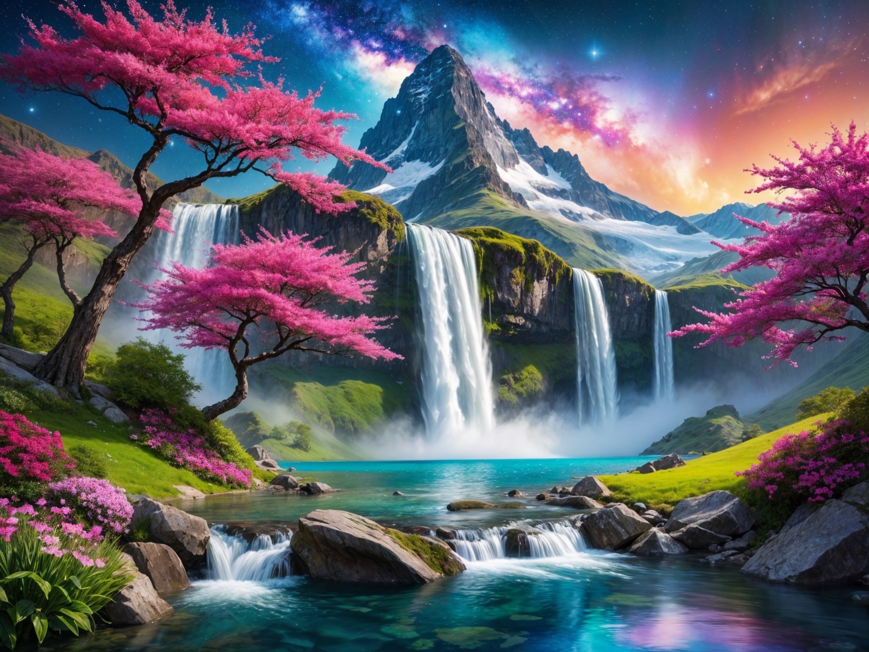 Serene landscape with cherry blossoms and waterfalls