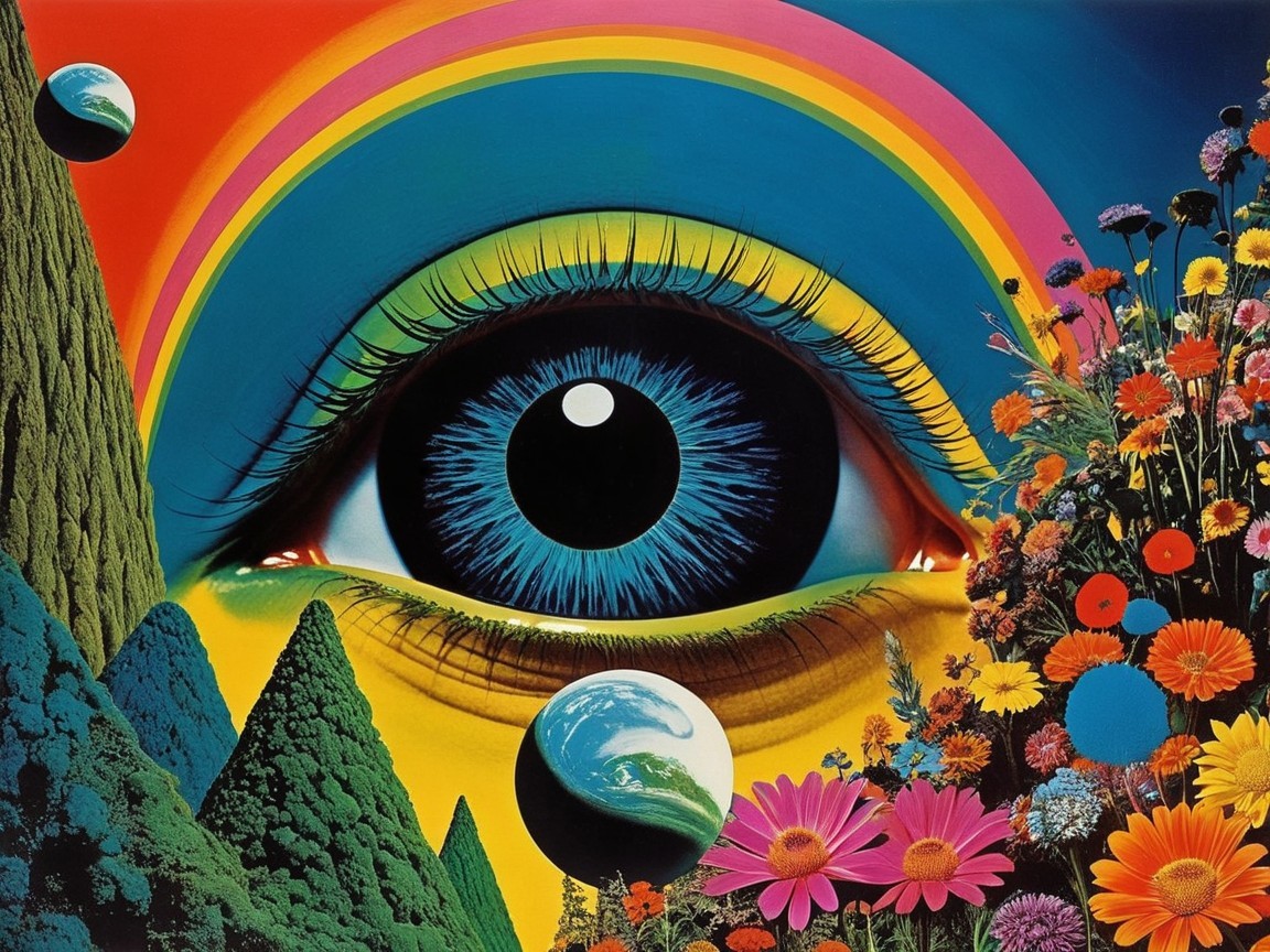 Surreal Eye Surrounded by Colorful Landscape and Rainbows