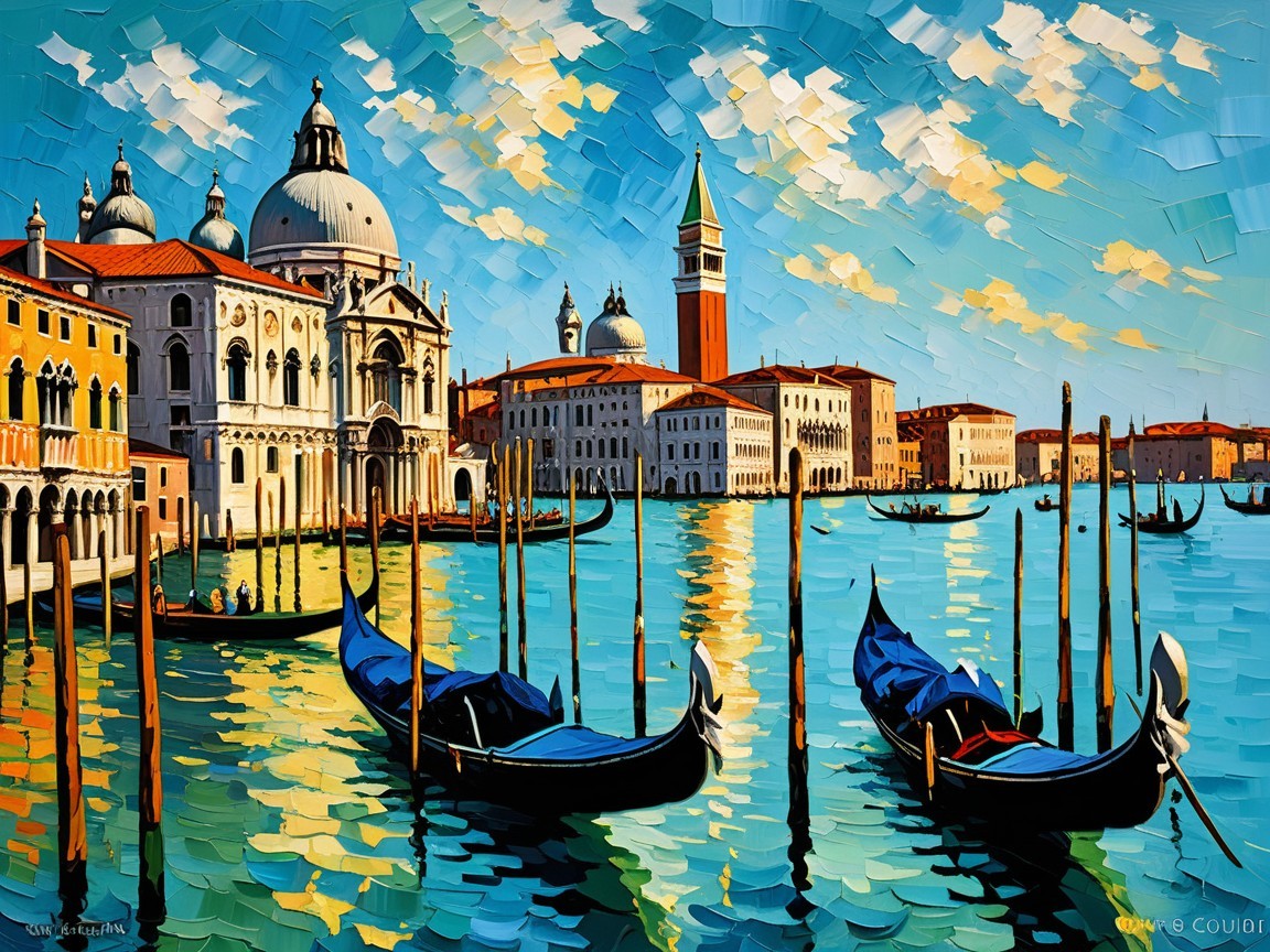 Impressionist Painting of Venice with Gondolas and Sunlight