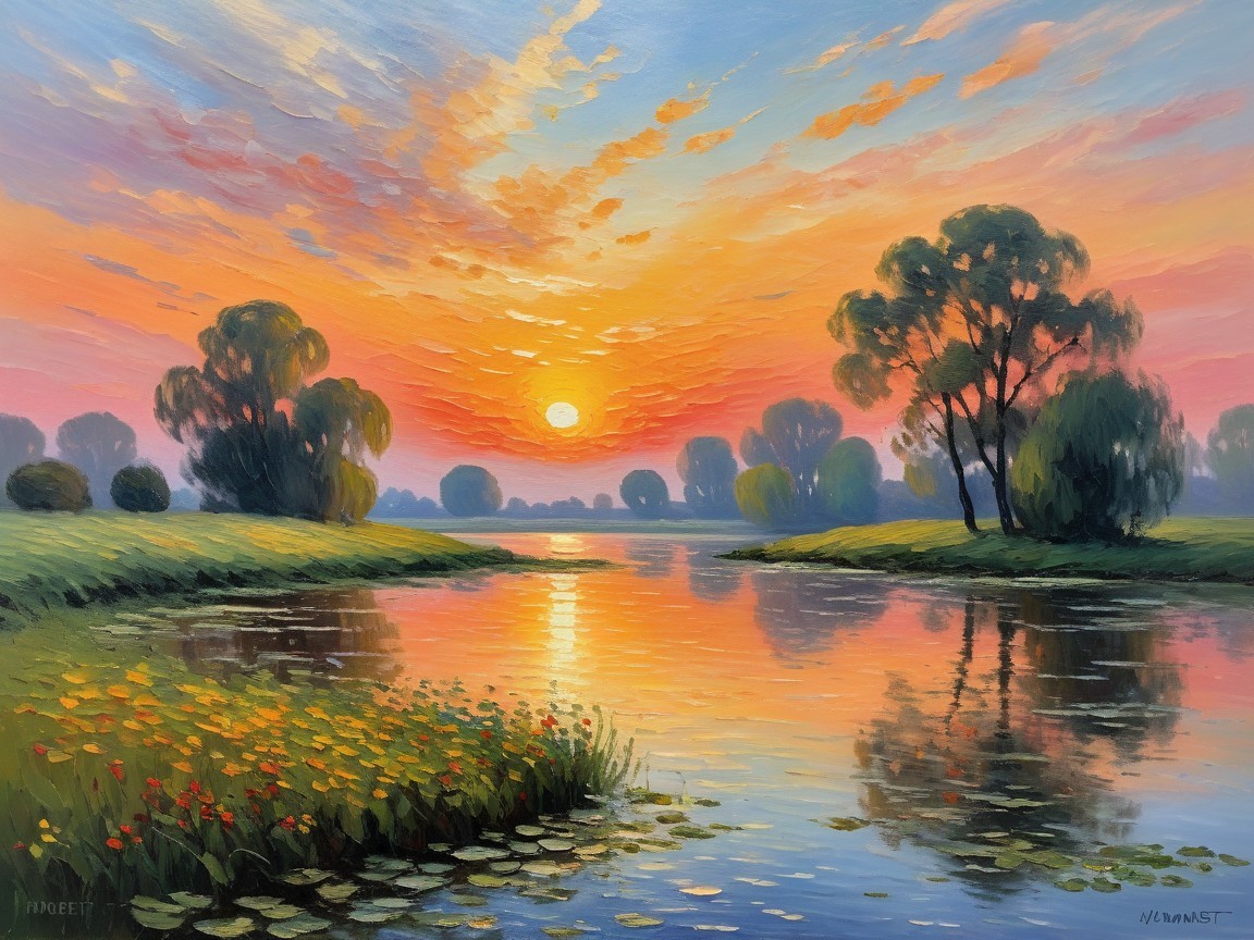 Serene Sunset Landscape with Reflective River and Flora