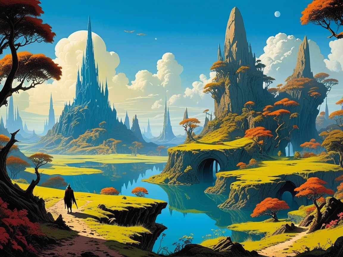 Otherworldly Landscape with Castles and Bridges