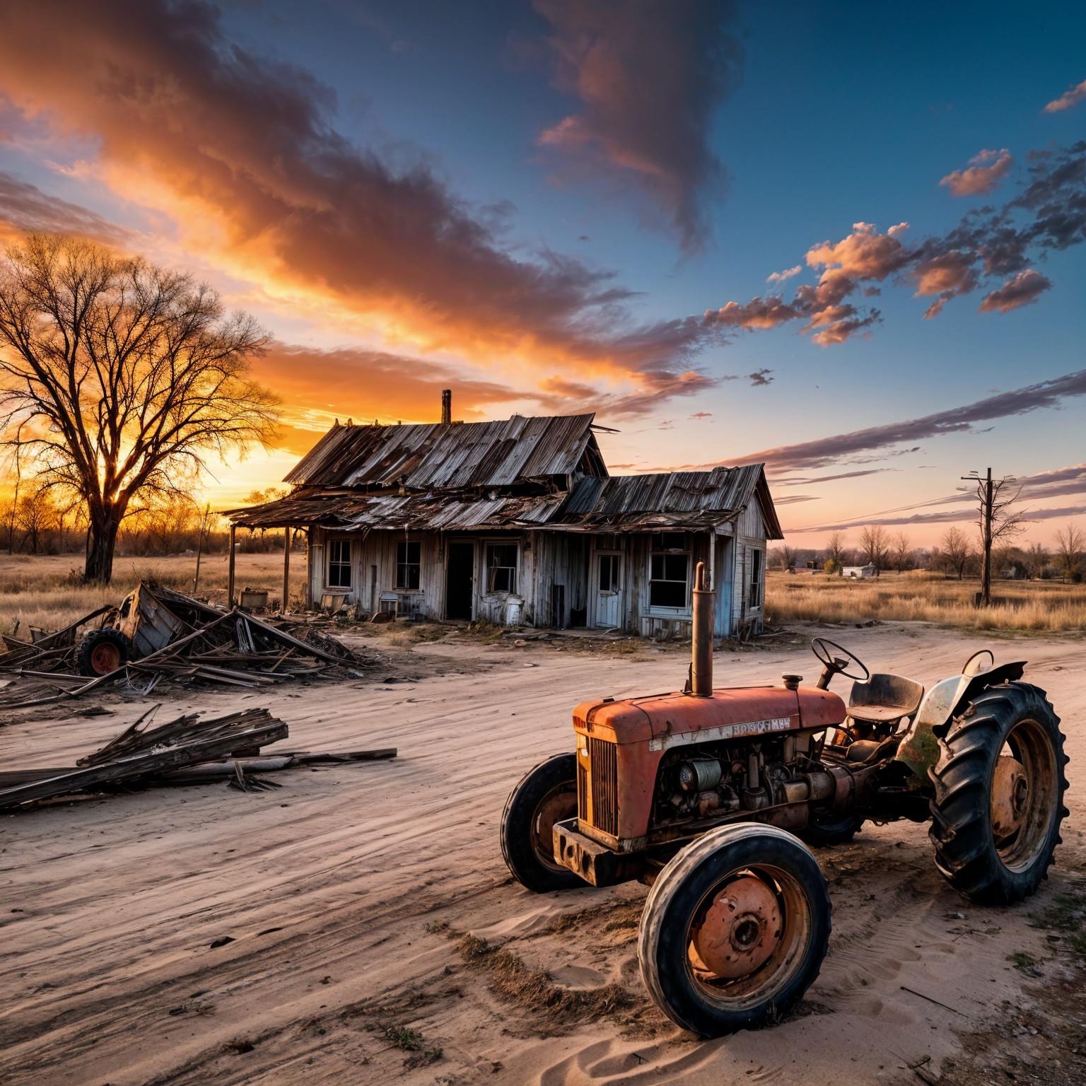 Weathered Farmhouse and Tractor at Sunset Scene