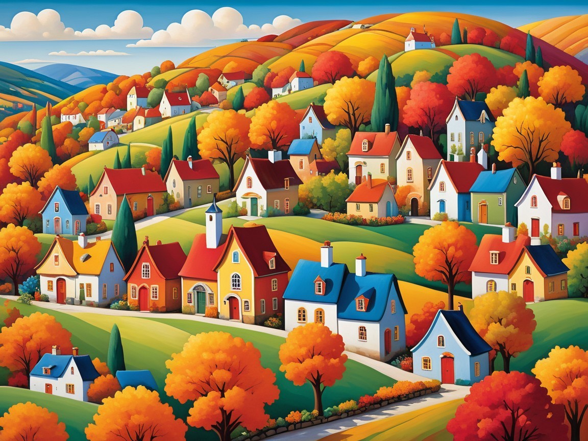 Vibrant Autumn Landscape with Colorful Houses and Hills