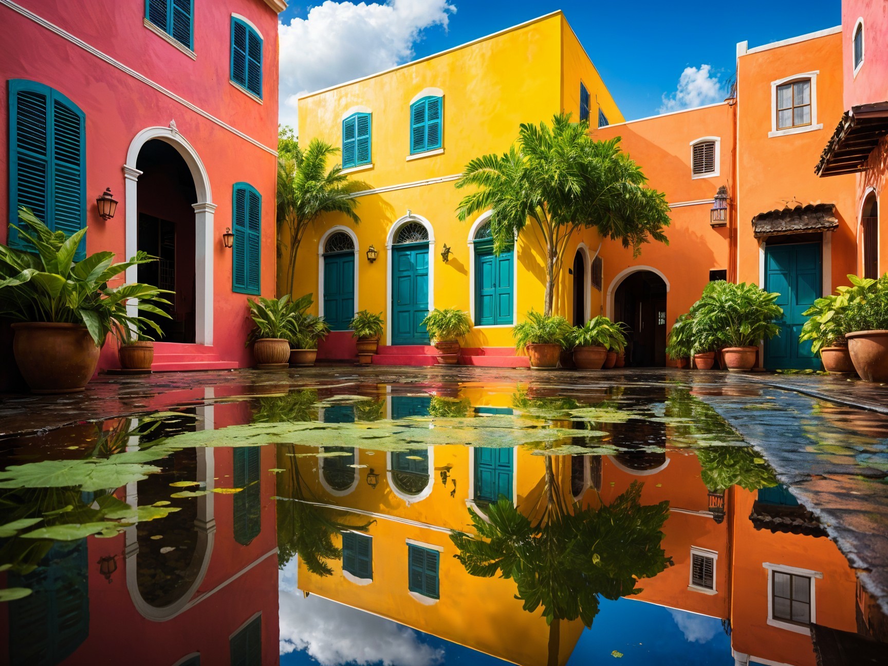 Vibrant Courtyard with Colorful Buildings and Plants