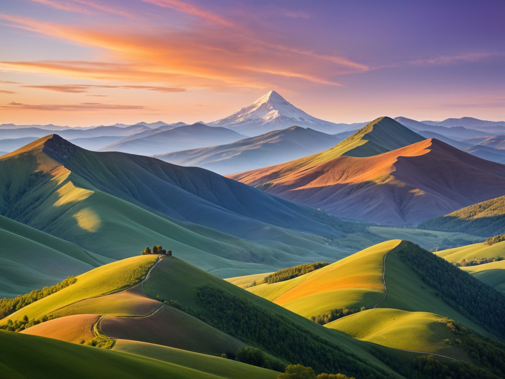 Serene Landscape of Green Hills and Snow-Capped Mountains