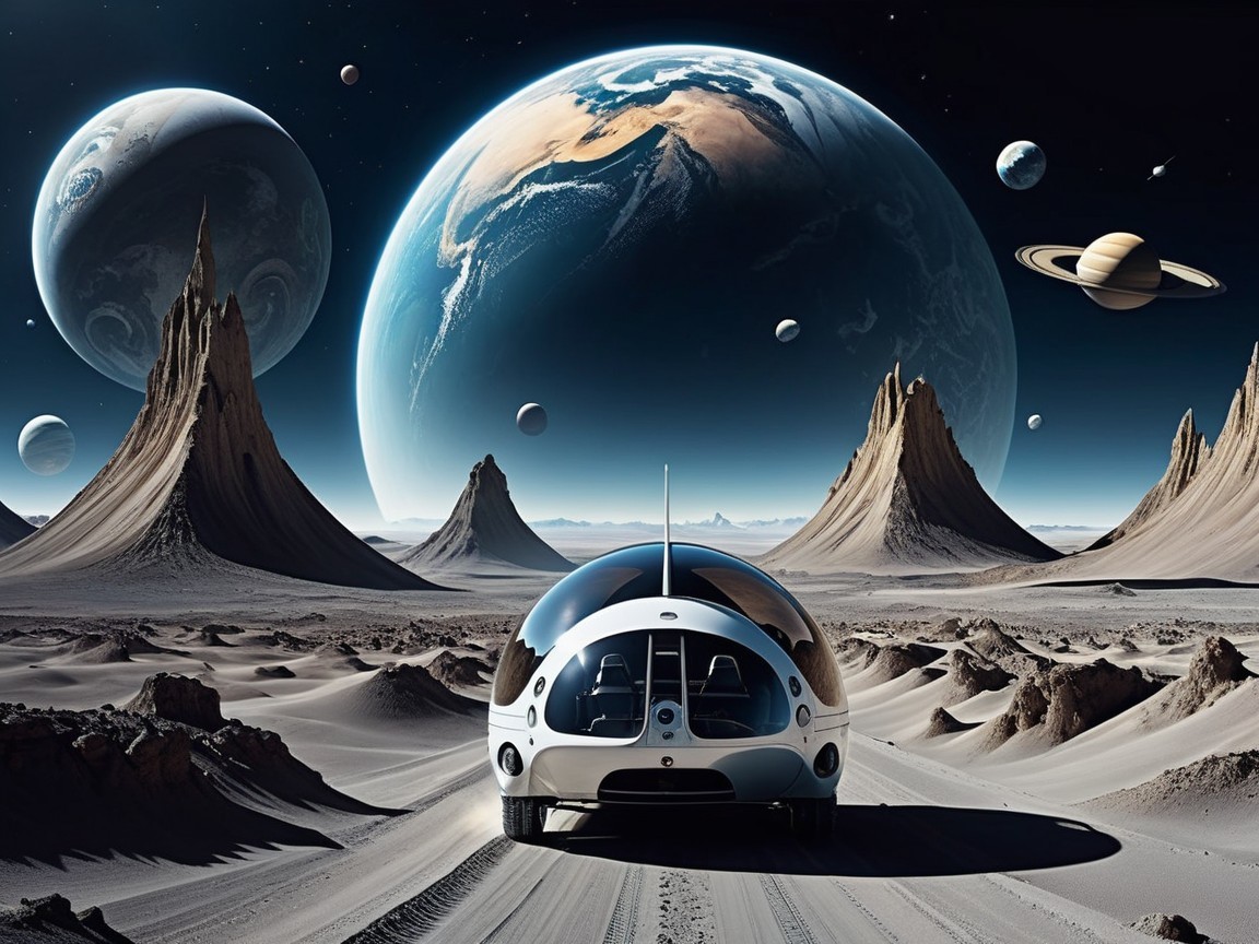 Futuristic Spacecraft on Alien Landscape with Planets