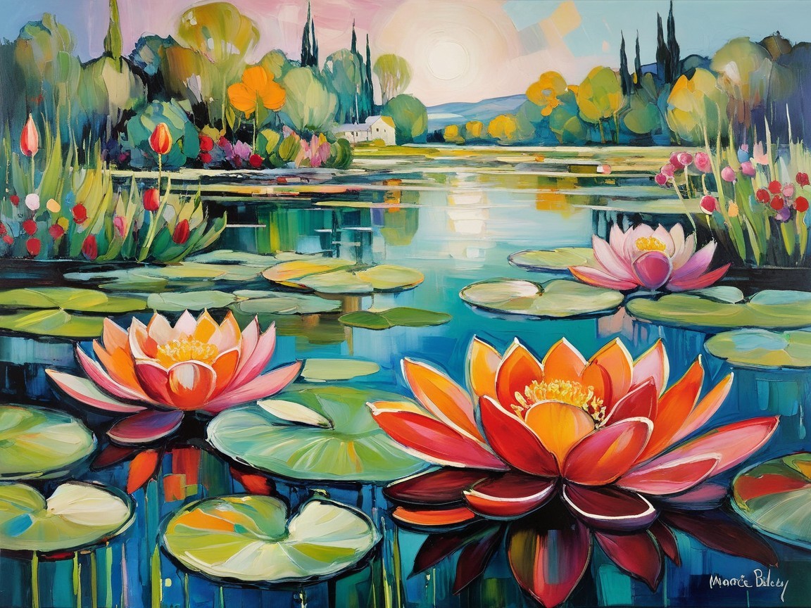 Vibrant Water Lilies in Reflective Pond Setting