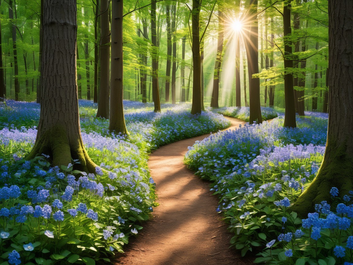 Serene Forest Path with Sunlight and Blue Flowers