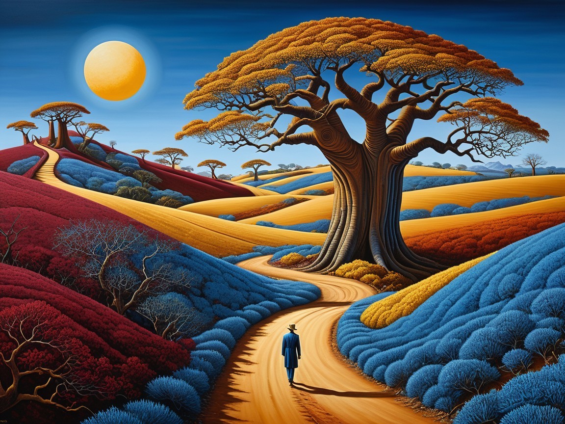 Vibrant Landscape with Twisted Trees and Sunlit Sky