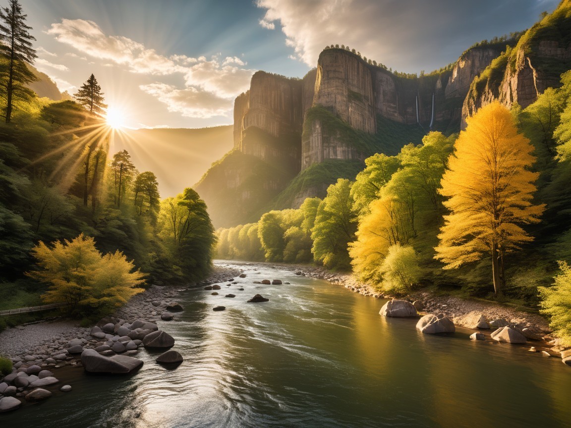 Serene River in Lush Valley with Autumn Trees