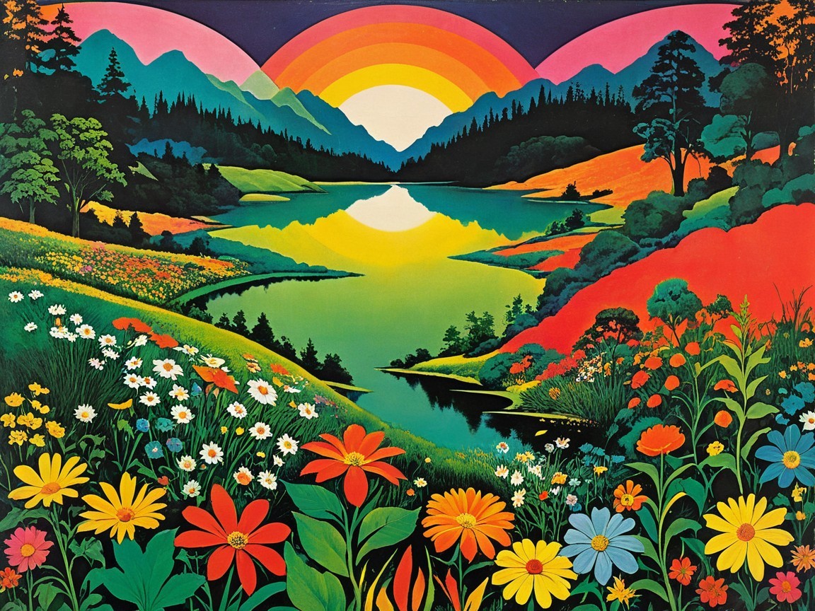 Vibrant Landscape with Lake, Rainbow, and Mountains