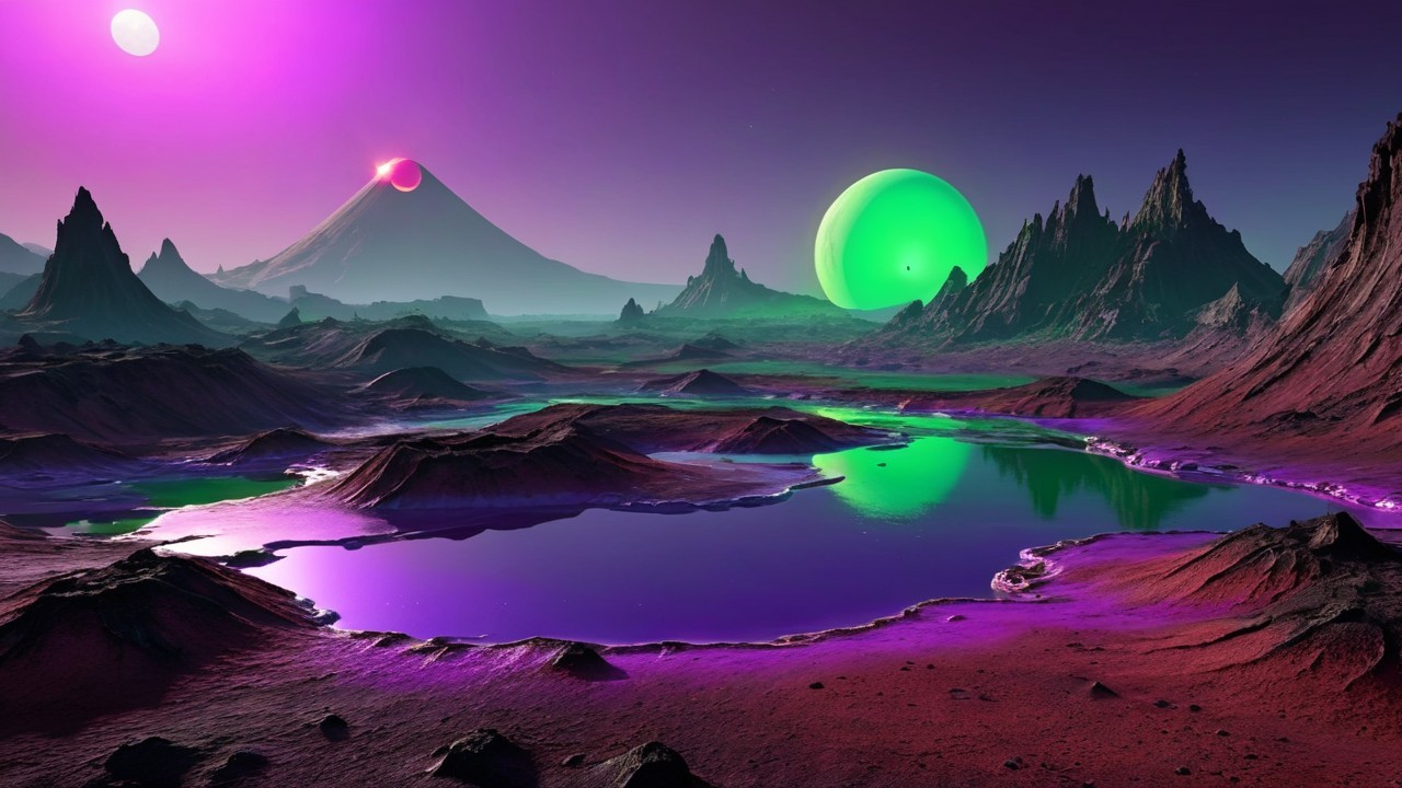 Surreal Alien Landscape with Vibrant Celestial Bodies
