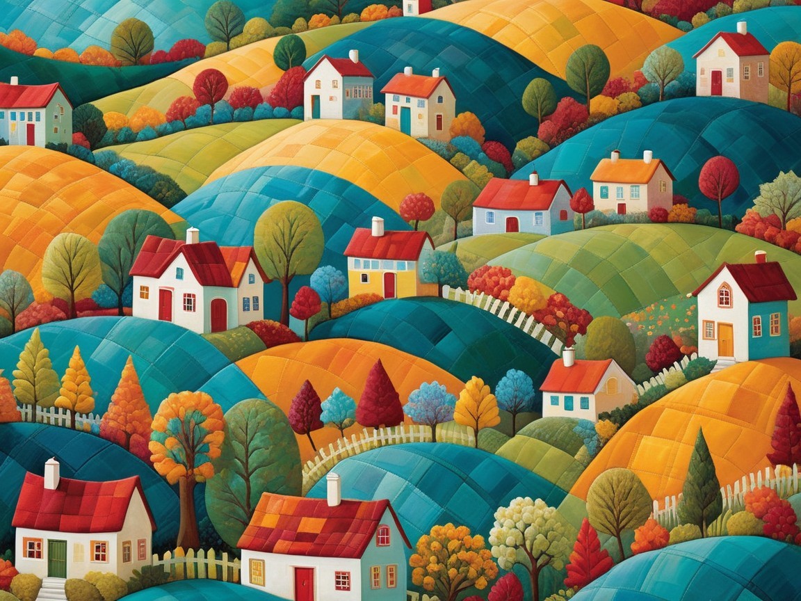 Colorful Whimsical Landscape with Quaint Houses