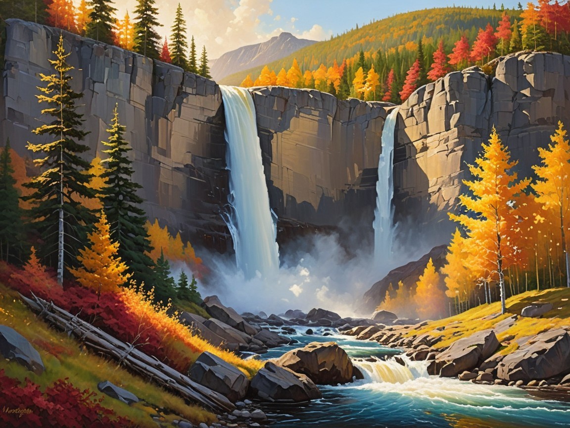Majestic Waterfalls Amid Vibrant Autumn Foliage