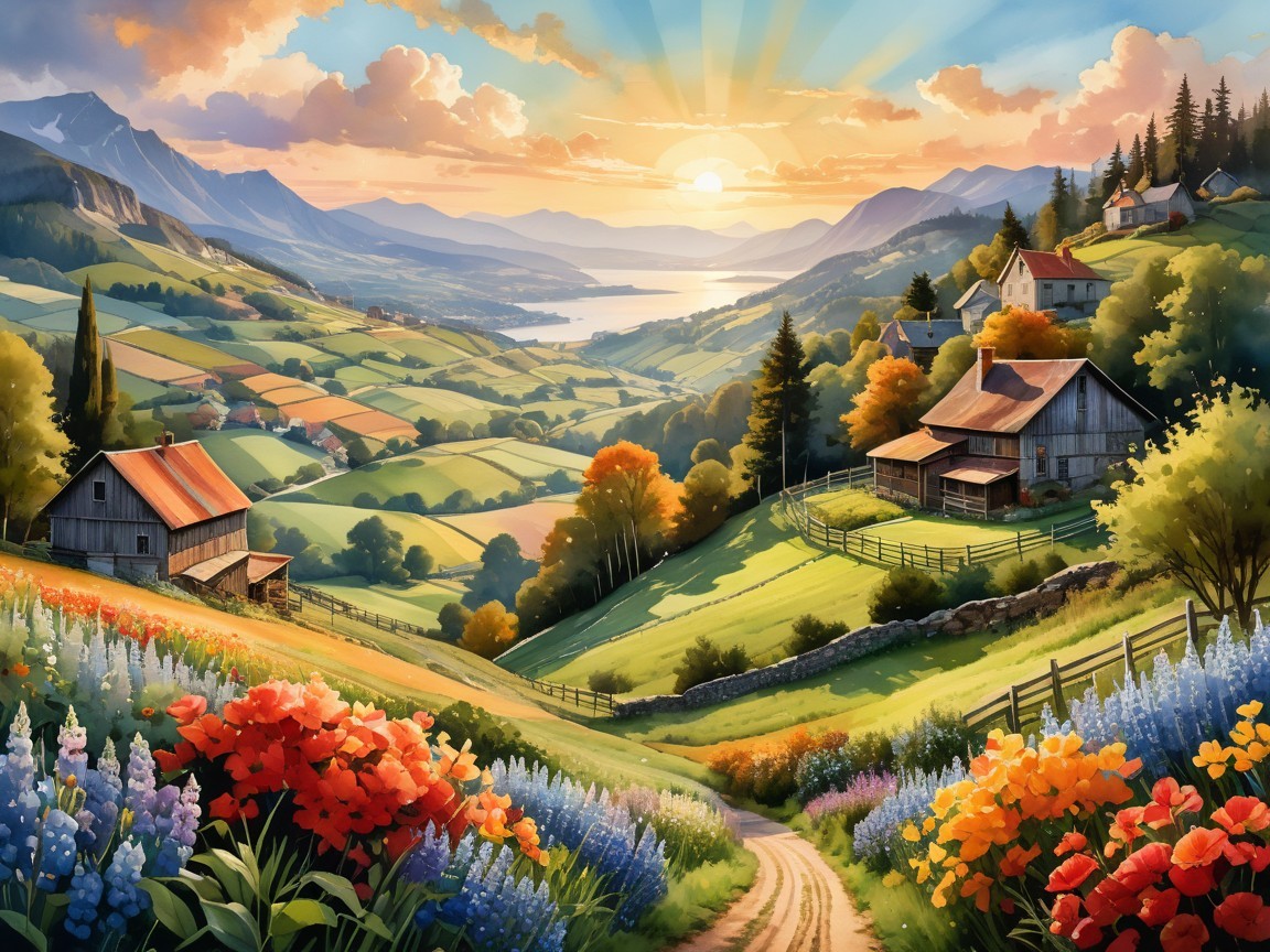 Vibrant Landscape with Hills, Flowers, and Sunset